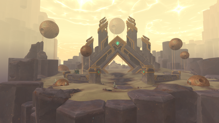 Eternity's End zone with floating orbs and structures
