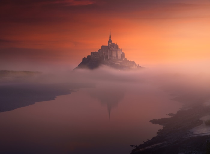 Mont Saint-Michel in Fog at Sunrise