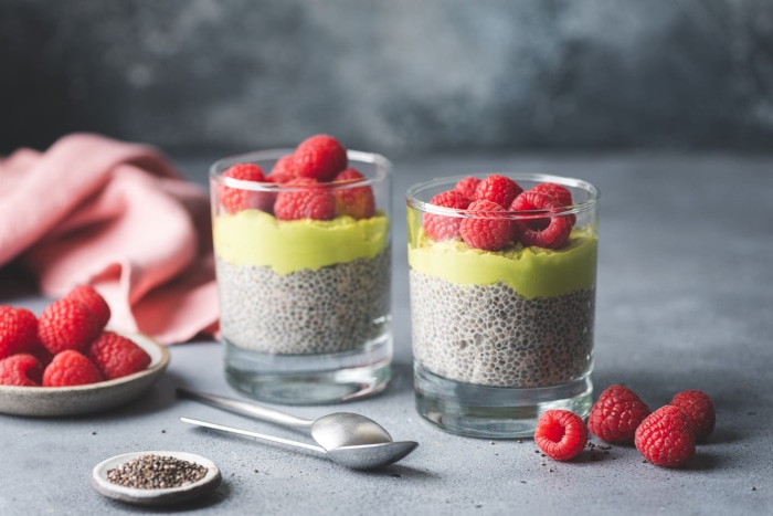 Chia Seed Pudding with Raspberries and Avocado Mousse