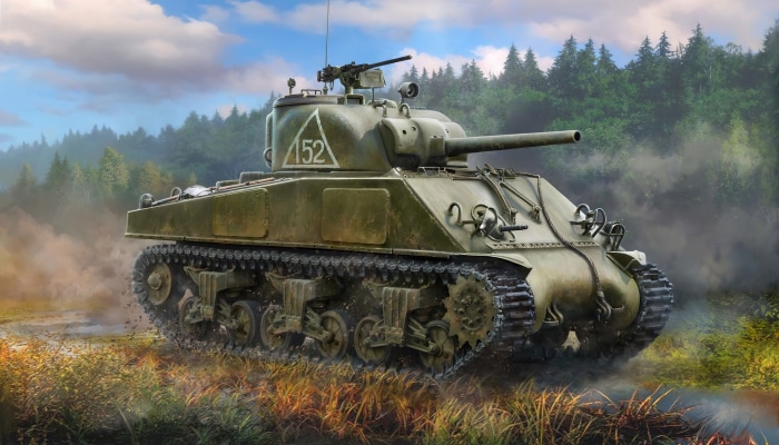 M4 Sherman tank in a forest clearing