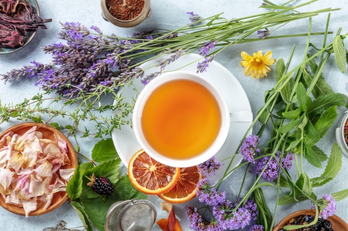 Herbal tea with lavender and dried fruits