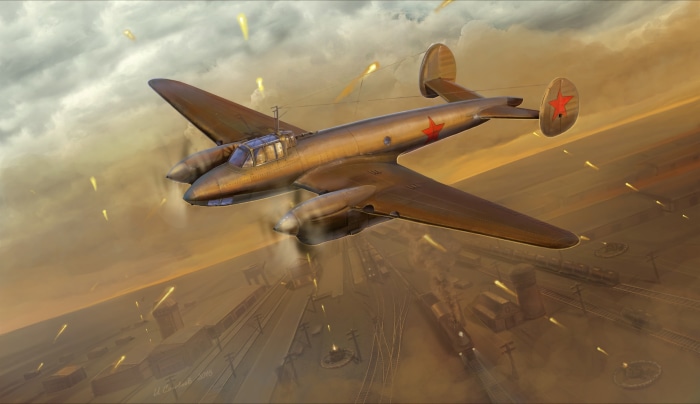 Soviet bomber attacking a train yard