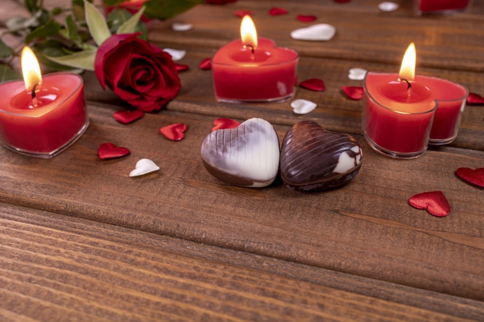 Valentines Day Heart Candles and Chocolates