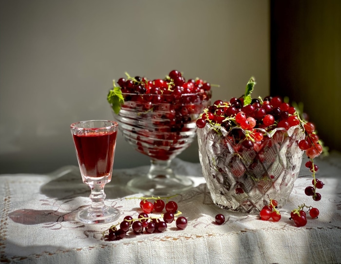 Red Currants in Crystal Bowls with Liqueur