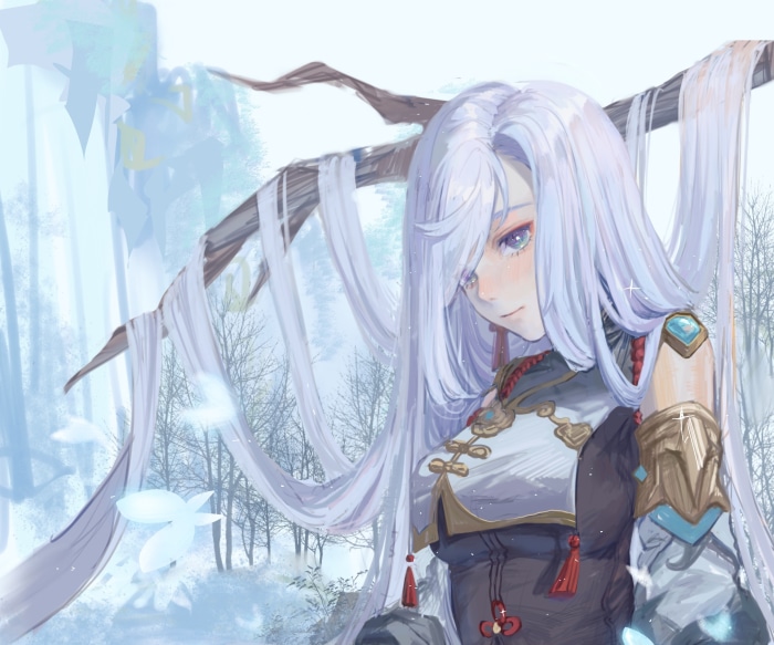 Shenhe from Genshin Impact in a winter forest