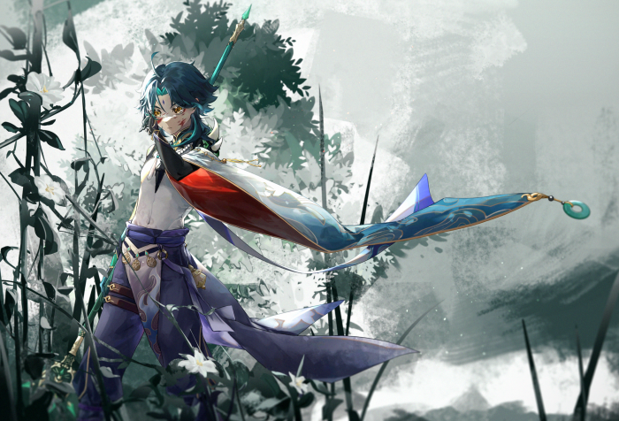 Xiao from Genshin Impact with a spear