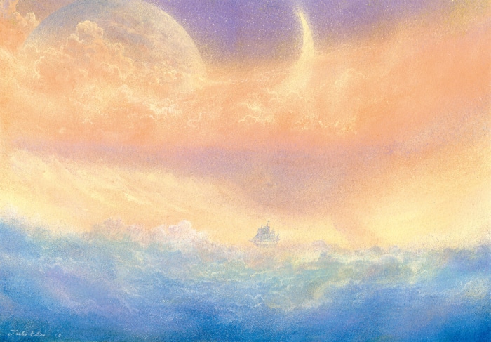 Sailing ship in clouds with planet and comet