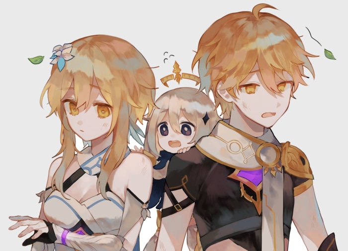 Lumine, Aether, and Paimon from Genshin Impact