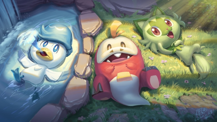 Sprigatito, Fuecoco, and Quaxly from Pokémon Scarlet and Violet