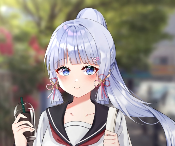 Kamisato Ayaka from Genshin Impact with a drink