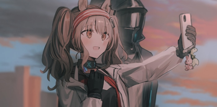 Angelina from Arknights taking a selfie