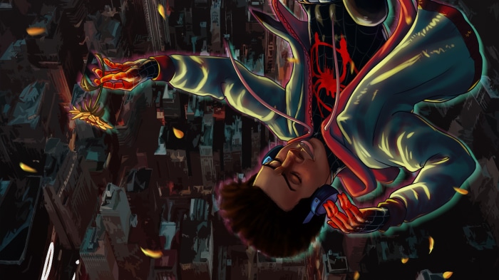 Miles Morales from Spider-Man: Into the Spider-Verse falling