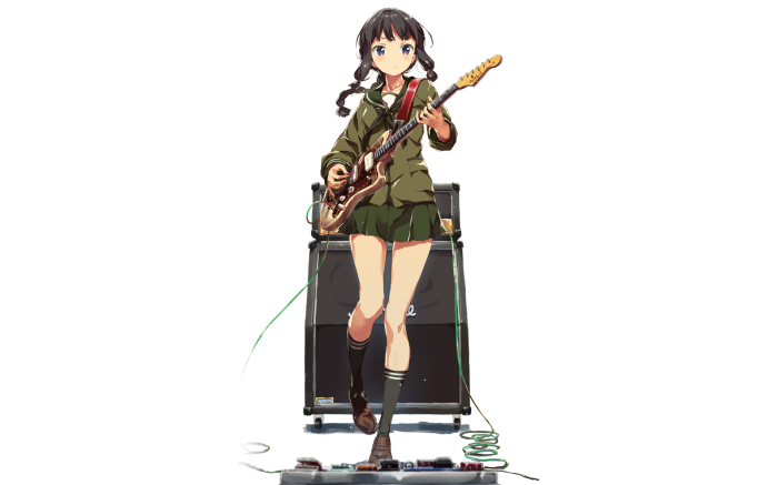 Girl playing guitar in front of amplifier