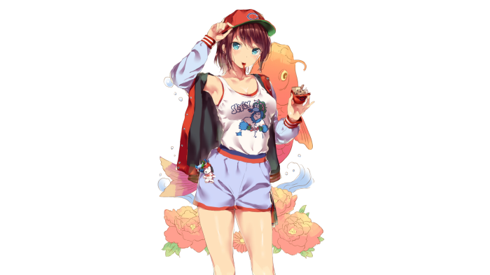 Anime girl in casual outfit holding a cupcake