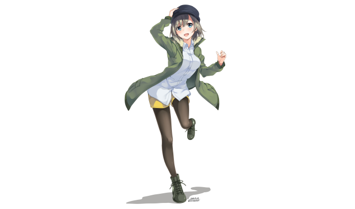 Anime girl in green coat and hat