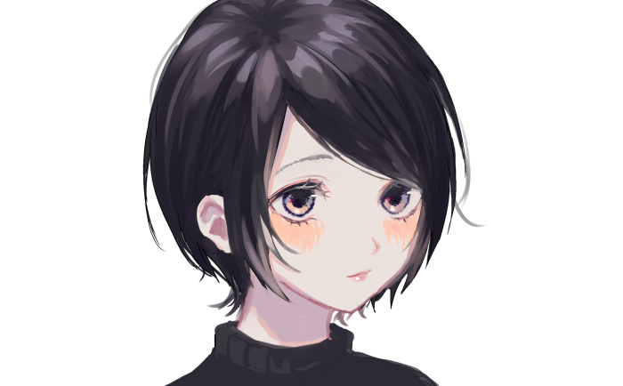 Girl with short black hair and pink blush