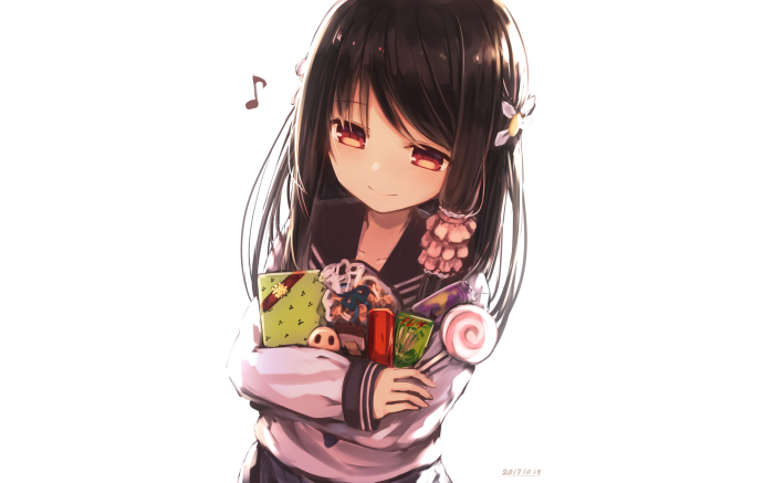 Anime girl holding candy and gifts