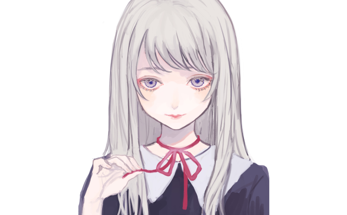 Anime girl with long white hair and red ribbon