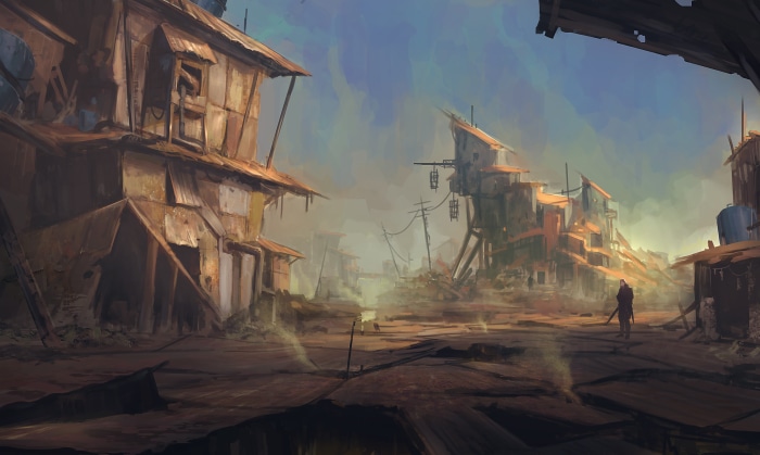 Post-apocalyptic settlement with a lone figure