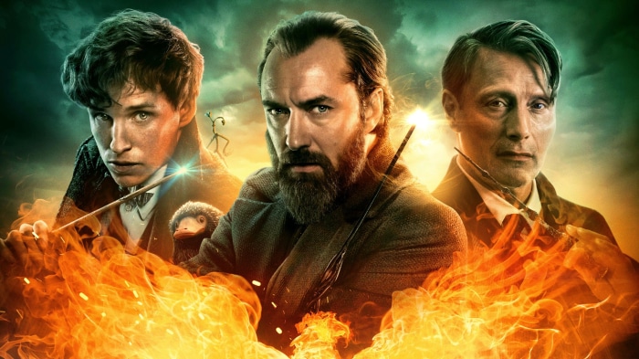 Newt Scamander, Dumbledore, and Grindelwald from Fantastic Beasts