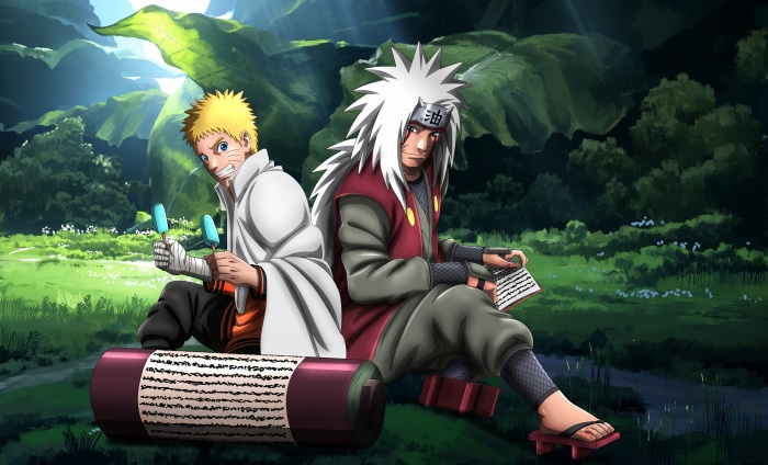 Naruto and Jiraiya sitting in a forest