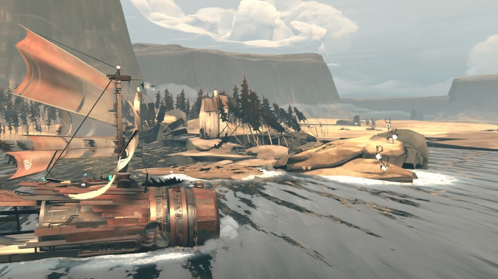 A steampunk ship sails near a coastal settlement with deer