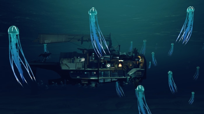 Submerged steampunk vessel with bioluminescent jellyfish