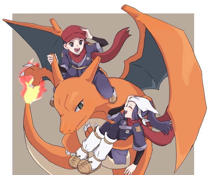 Akari and Rei from Pokémon riding Charizard