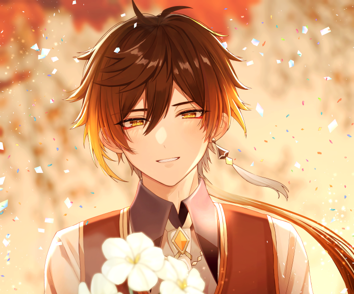 Zhongli from Genshin Impact with flowers