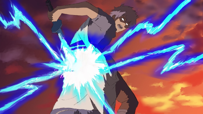 Man with sword unleashing blue energy