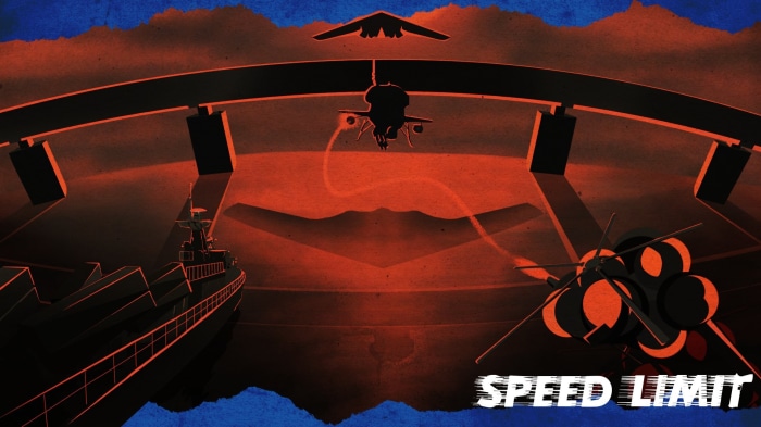 Military aircraft and ship with "SPEED LIMIT" text
