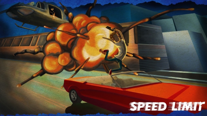 Man jumping from explosion near helicopter and car