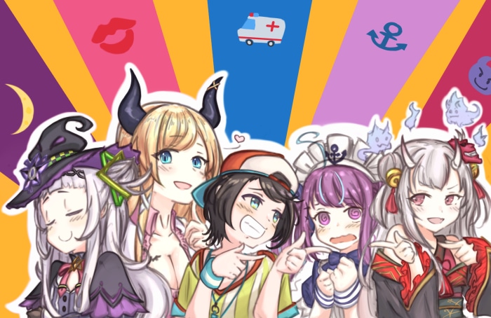 Hololive VTubers Oozora Subaru, Minato Aqua, Nakiri Ayame, Yuzuki Choco, Murasaki Shion