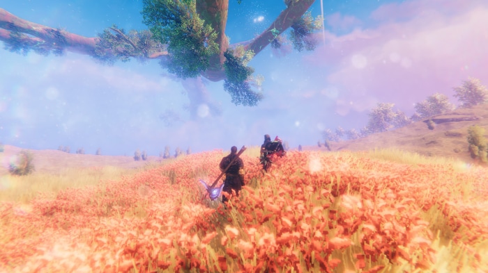 Two Vikings walk through a field in Valheim