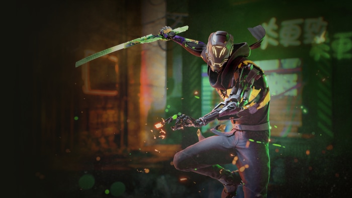 Ghostrunner in action with a glowing sword