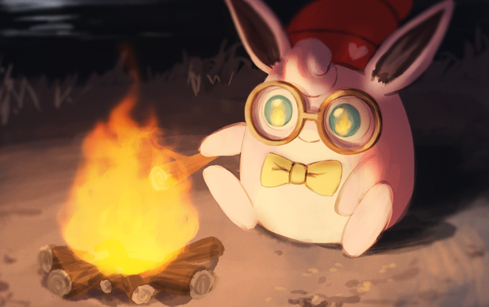 Wigglytuff from Pokemon by a campfire