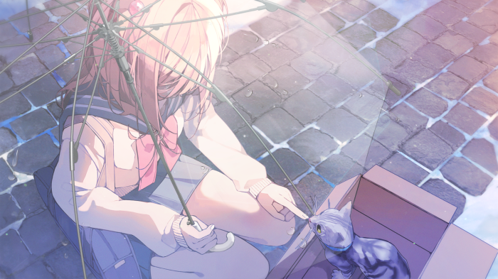 Girl with umbrella and kitten in a box