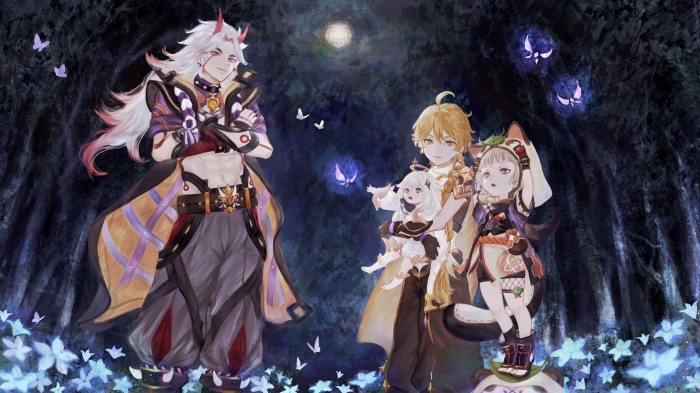 Arataki Itto, Aether, Paimon, and Sayu from Genshin Impact