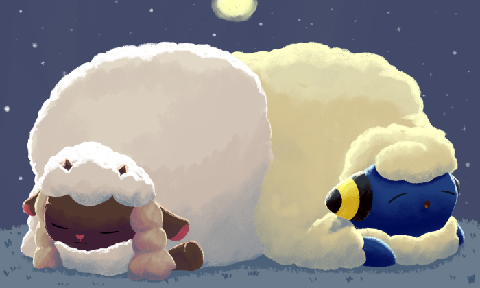 Mareep and Wooloo sleeping under the moon
