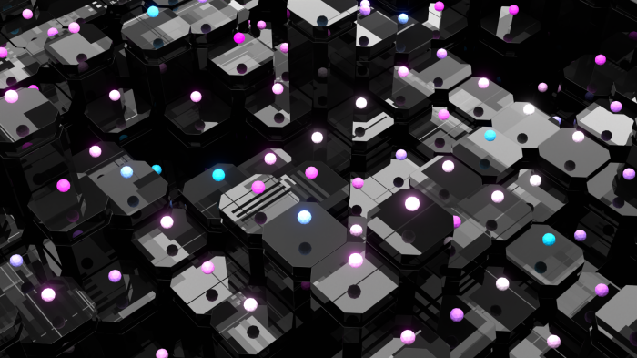 Abstract hexagonal structures with glowing spheres