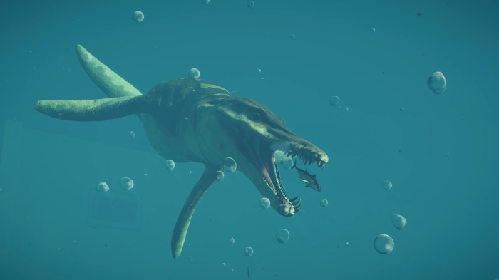 Mosasaurus eating a fish in Jurassic World Evolution 2