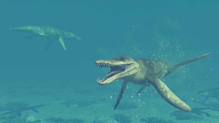 Mosasaurus and Plesiosaurus in Jurassic World Evolution 2
