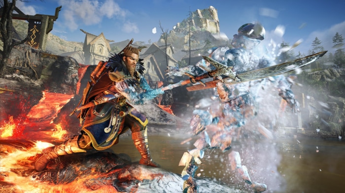 Eivor fighting an ice creature in Assassin's Creed Valhalla: Dawn of Ragnarok