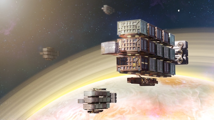 Space cargo ships near a ringed planet