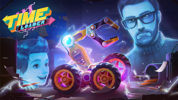 Time Loader game logo with robot and scientists