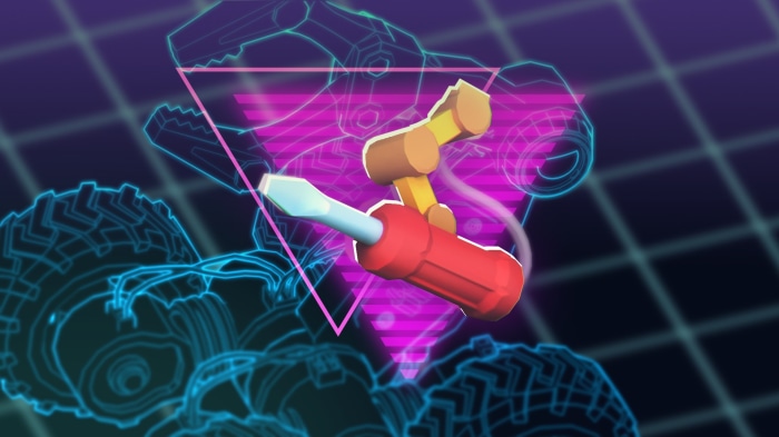 Robot arm holding a screwdriver with a wireframe vehicle