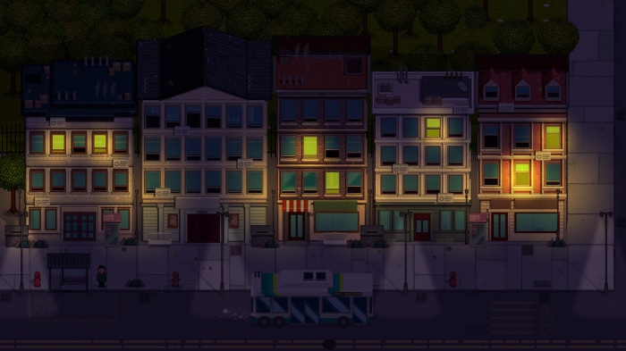Pixel art city street at night with buildings and a bus