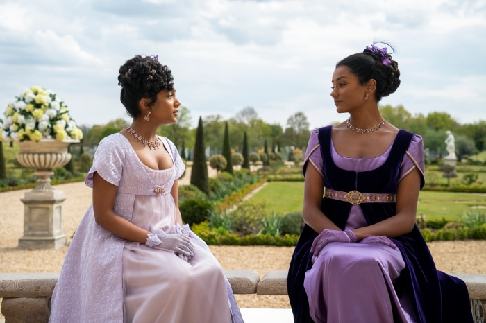 Two women in Regency dresses in Bridgerton