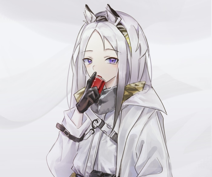 Heavyrain from Arknights drinking from a can