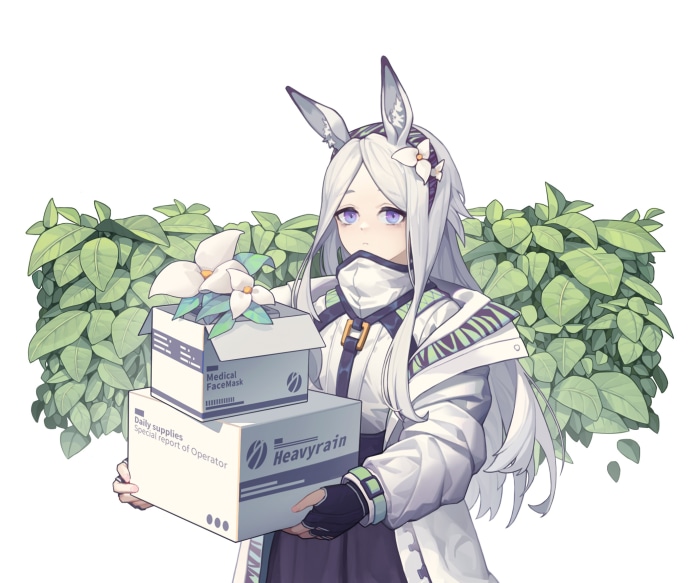 Heavyrain from Arknights holding boxes